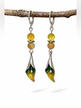 Boho Enamel Leaf Dangle Earrings • Green & Yellow Nature Inspired Jewelry